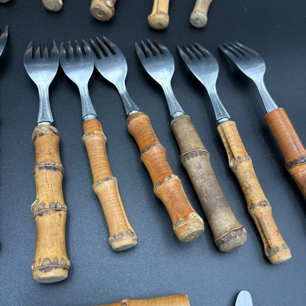 1950s Vtg Natural Bamboo Flatware Set Japan Stainless Steel MCM Tiki Boho 39 PCs
